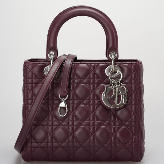 Christian Dior Burgundy Lady Dior Bag In Cannage Lambskin Leather With Silver Hardware Medium Lp Rovelle Bags
