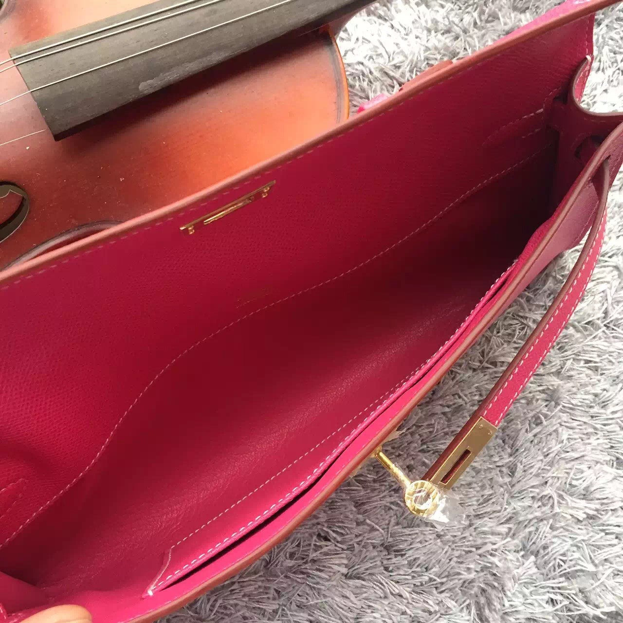 Luxury Hermes Rose Red Handcrafted Kelly Cut Clutch