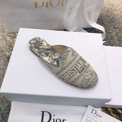 Dior Off Embroidered Cotton Flat Mules With Toile de Jouy Motif