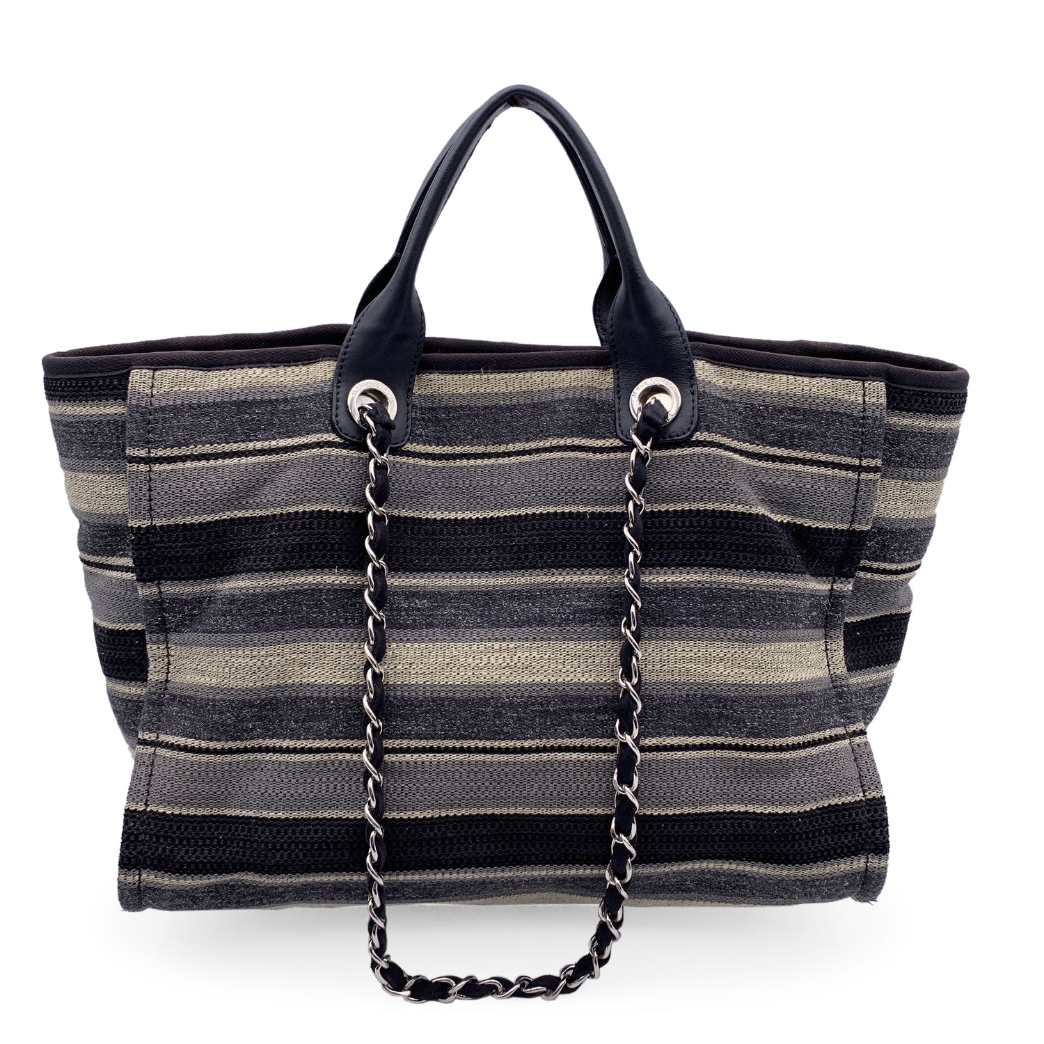 Chanel Black Grey Striped Canvas Medium Deauville Tote Bag Rovelle Bags