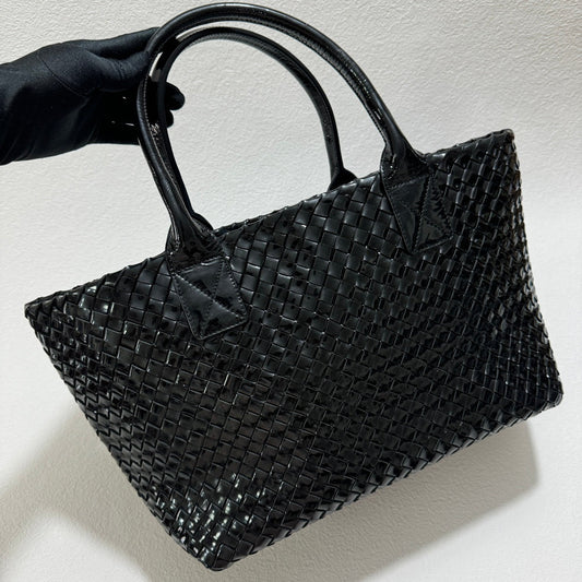Bottega Veneta Cabat Small Intreccio Patent Leather Tote Bag Black