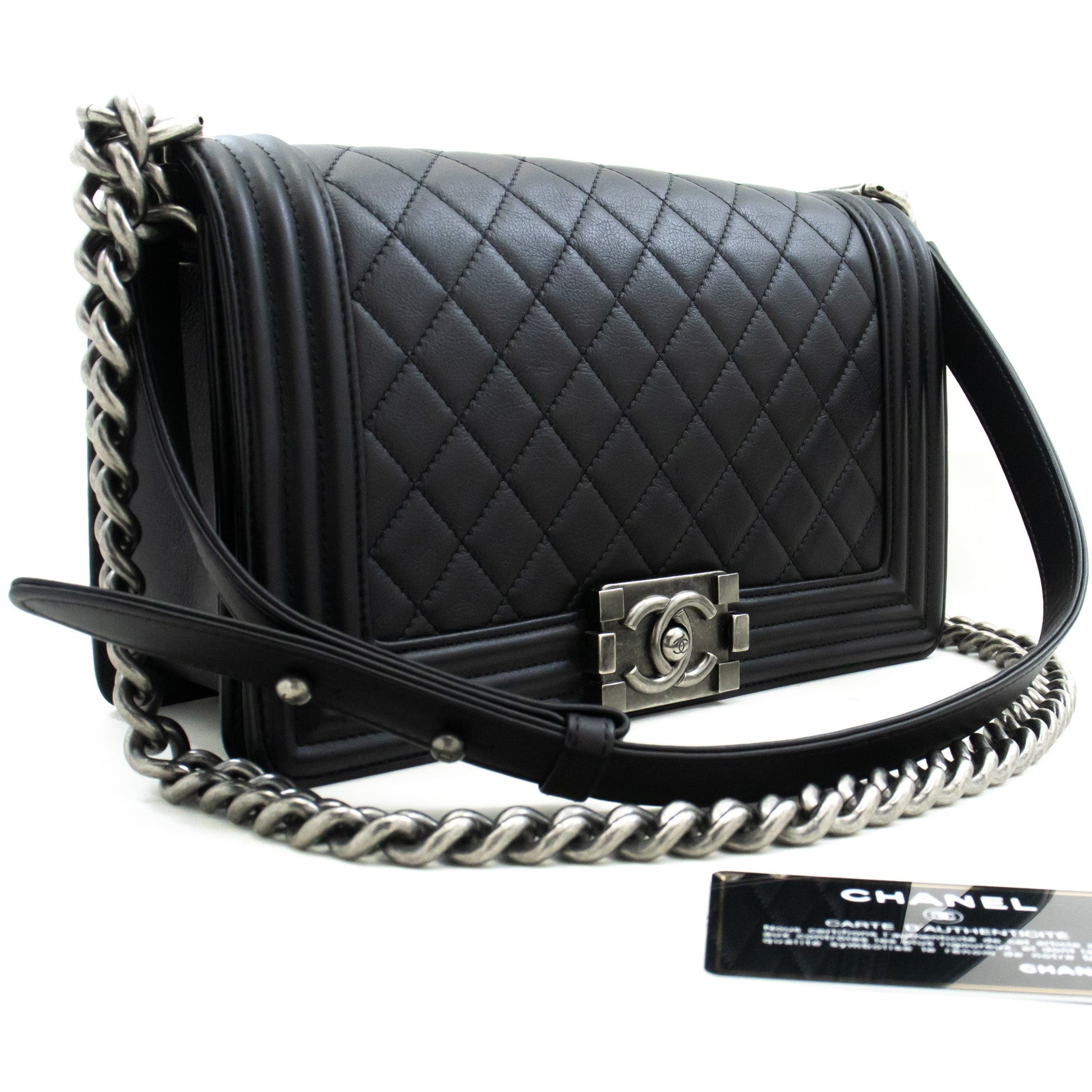 Chanel Boy Chain Shoulder Bag Black Quilted Flap Calfskin Leather Rovelle Bags