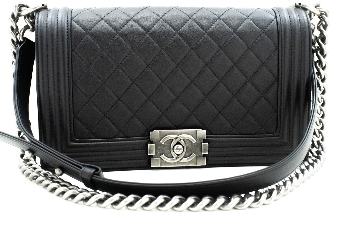 Chanel Boy Chain Shoulder Bag Black Quilted Flap Calfskin Leather Rovelle Bags