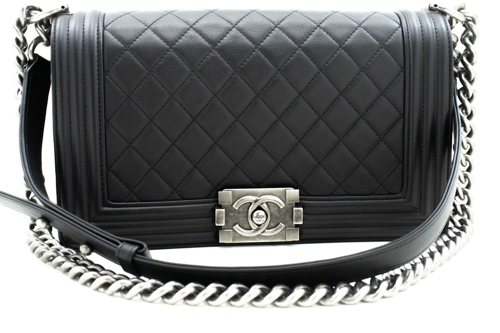 Chanel Boy Chain Shoulder Bag Black Quilted Flap Calfskin Leather Rovelle Bags
