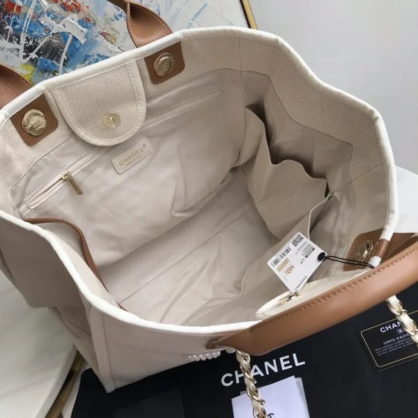 Chanel Deauville Pearl Canvas Tote Bag Ecru Beige