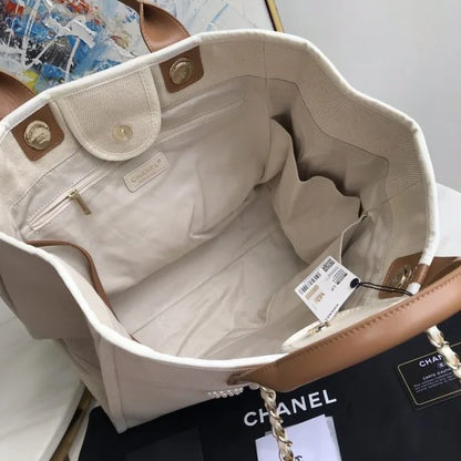 Chanel Deauville Pearl Canvas Tote Bag Ecru Beige
