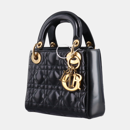 Lady Dior Mini Black Patent Leather handbag with gold hardware Leather Strap Rovelle Bags