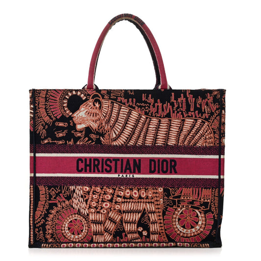 Christian Dior Canvas Embroidered Dior Animals Tiger Book Tote Deep Blue Fuchsia Rovelle Bags