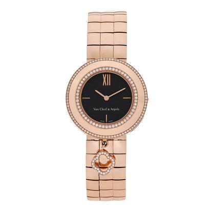 18K Rose Gold Diamond Bezel 32mm Charms Quartz Watch Black
