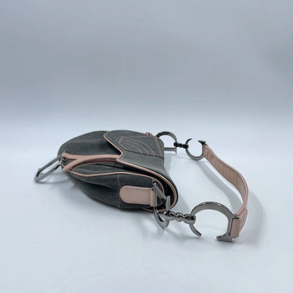 Dior Saddle Grey Denim with Pocket and Pink Leather Trim Shoulder Bag Rovelle Bags