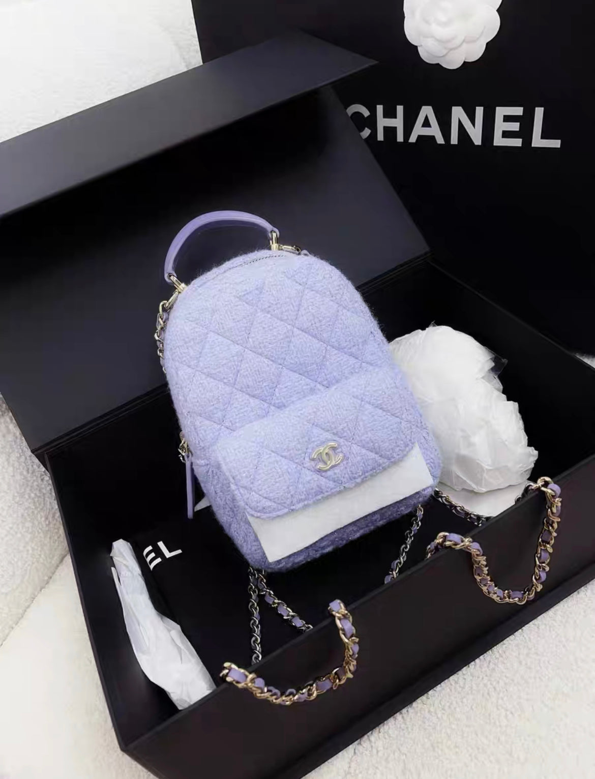 Chanel Luxury Tweed Gold Backpack Rovelle Bags