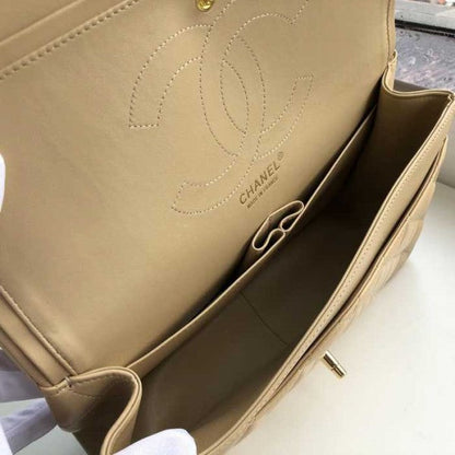 Chanel Classic Double Flap 30 Shoulder Bag Beige Silver Hardware