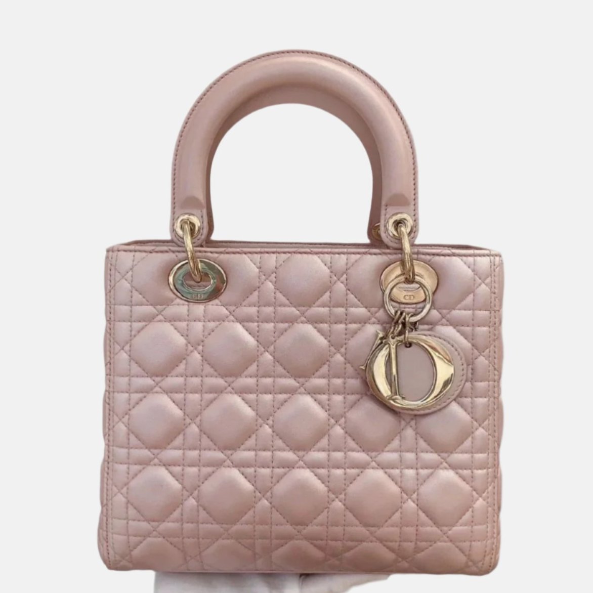 Lady Dior Medium Handbag Pearlescent Pink Cannage Leather Gold Hardware Rovelle Bags