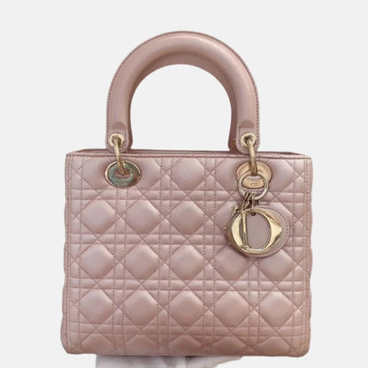 Lady Dior Medium Handbag Pearlescent Pink Cannage Leather Gold Hardware Rovelle Bags