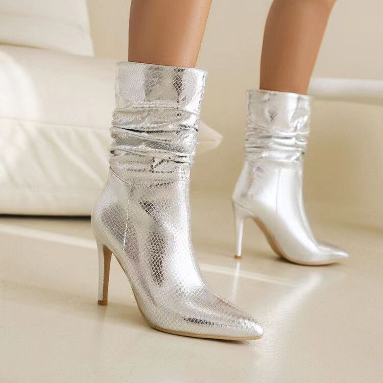 New Fashion Pointed golden fold High Heel Short Boots