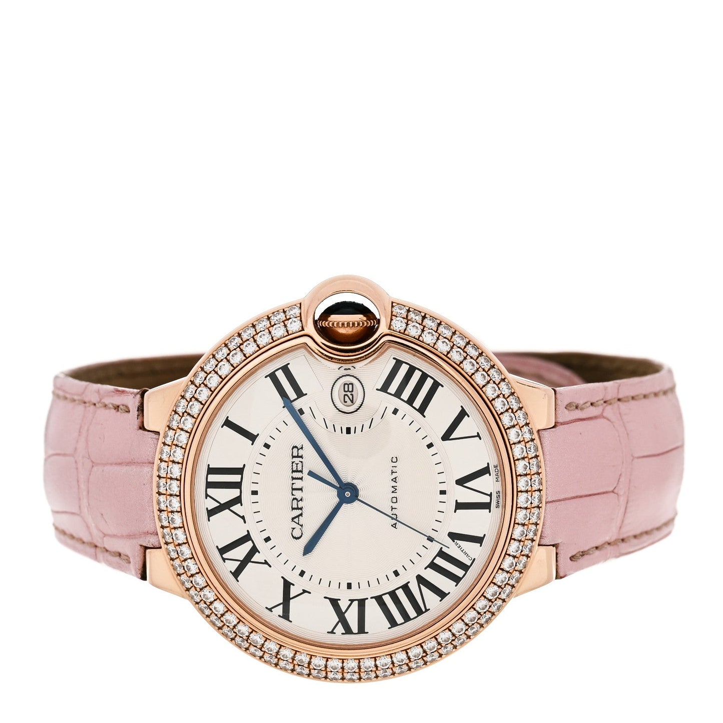 18K Pink Gold Alligator Diamond Bezel 42mm Ballon Bleu De Cartier Automatic Watch Pink