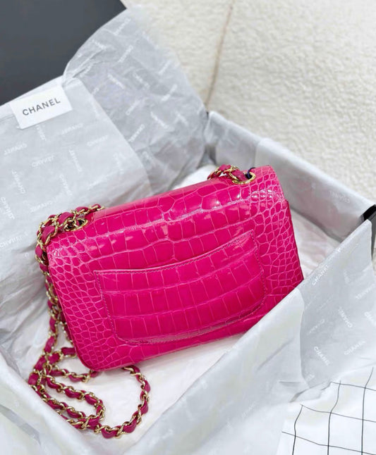Chanel Medium Pink Alligator Double Flap Bag Gold Hardware Rovelle Bags