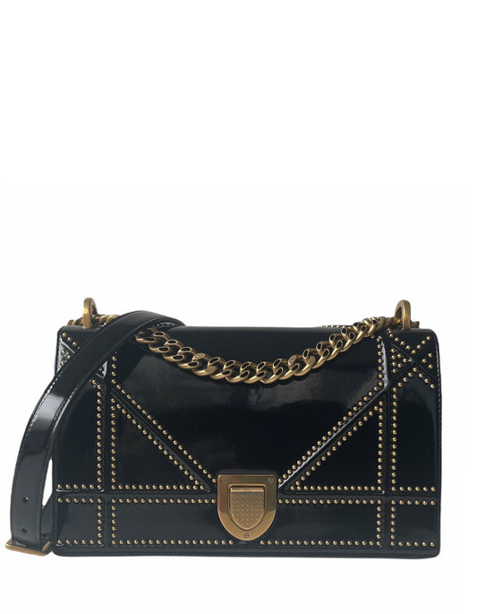 Christian Dior Black Patent Leather Studded Medium Diorama Flap Bag Rovelle Bags