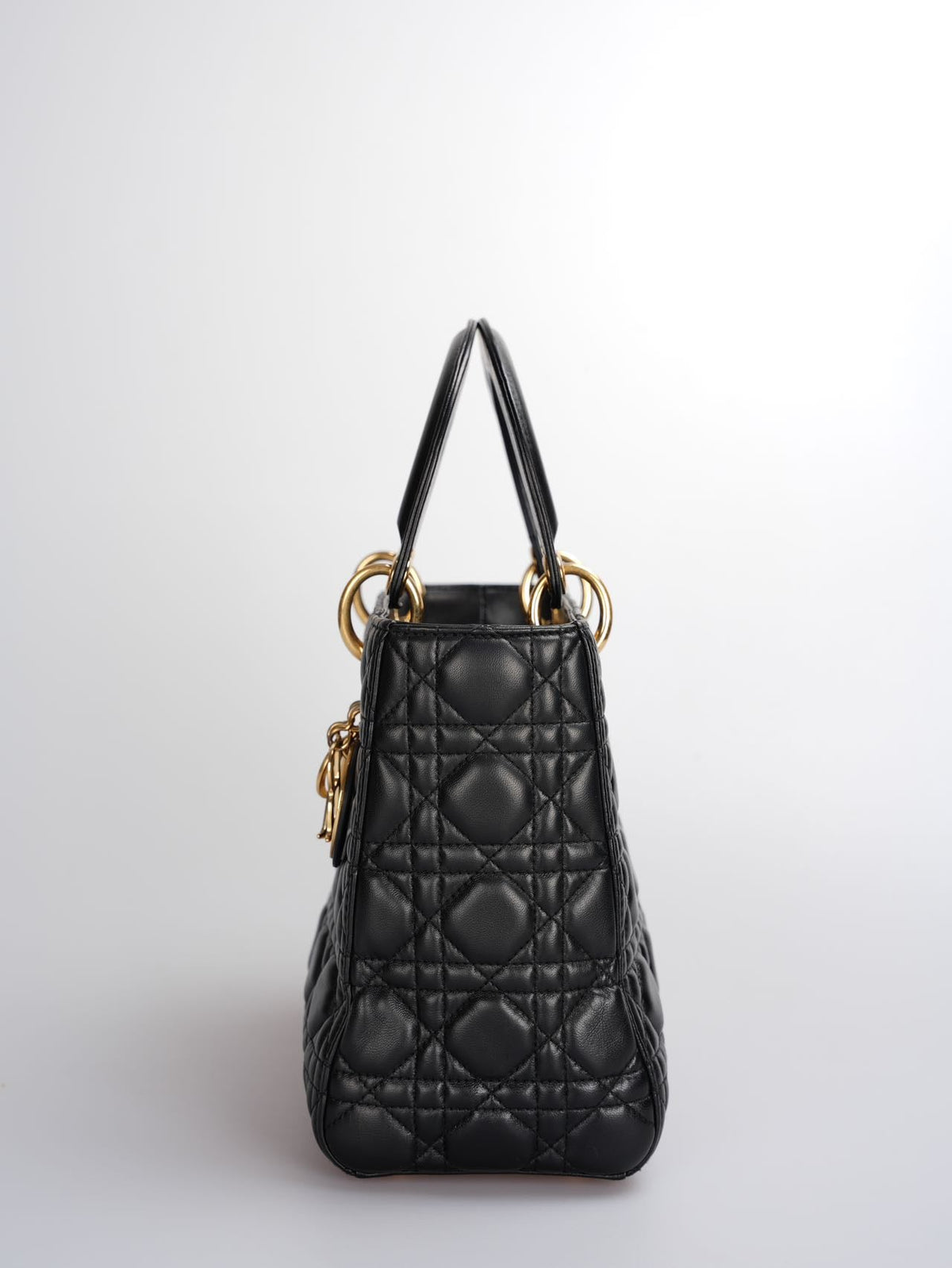 Christian Dior Black Medium Lady Dior Bag In Cannage Lambskin Leather With Gold Hardware Rovelle Bags