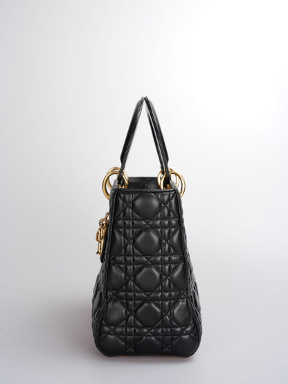 Christian Dior Black Medium Lady Dior Bag In Cannage Lambskin Leather With Gold Hardware Rovelle Bags
