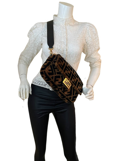 Fendi Brown Monogram Sheepskin Baguette NM Bag w/ Two Straps Rovelle Bags