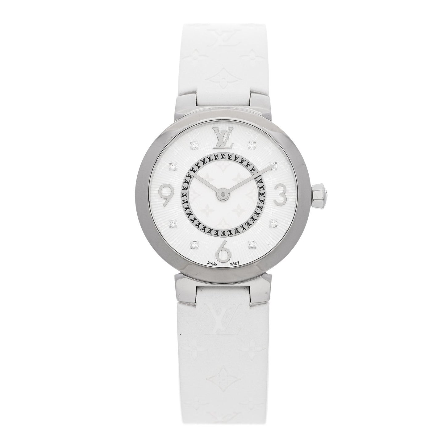 Stainless Steel Rubber Diamond 28mm Tambour Slim Quartz Watch White