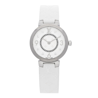 Stainless Steel Rubber Diamond 28mm Tambour Slim Quartz Watch White