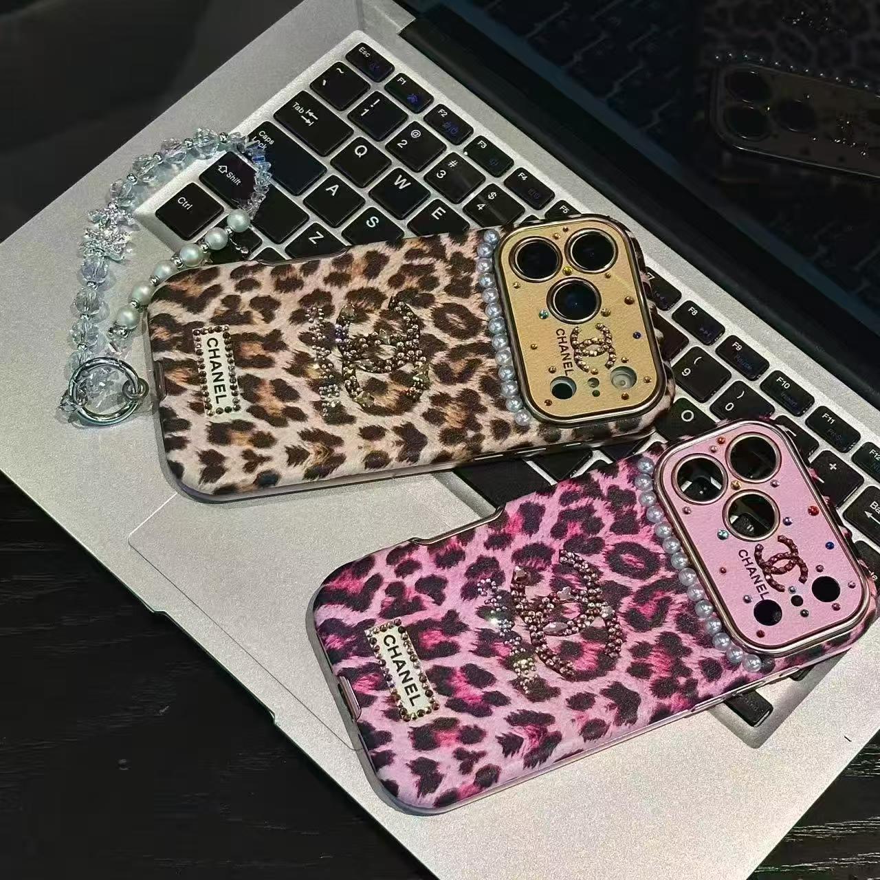 Leopard-print, pearl, and diamond iPhone case