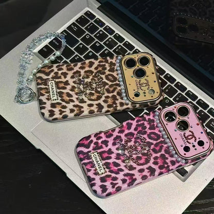 Leopard-print, pearl, and diamond iPhone case