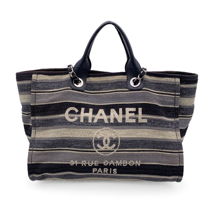 Chanel Black Grey Striped Canvas Medium Deauville Tote Bag Rovelle Bags