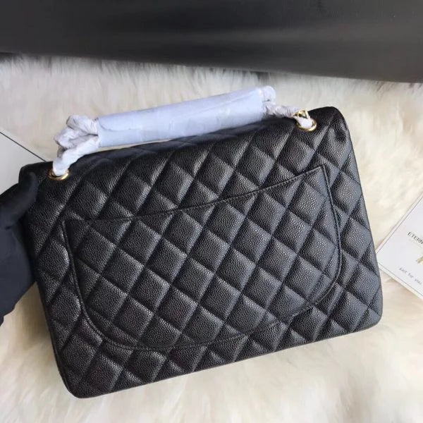 Chanel Classic Double Flap 30 Caviar Shoulder Bag Black Golden Hardware