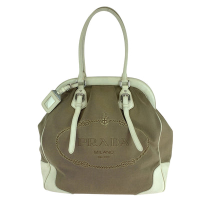 Prada Handbag Canvas Brown Handbag Tote Bag Shoulder Bag Logo Jacquard Women Rovelle Bags