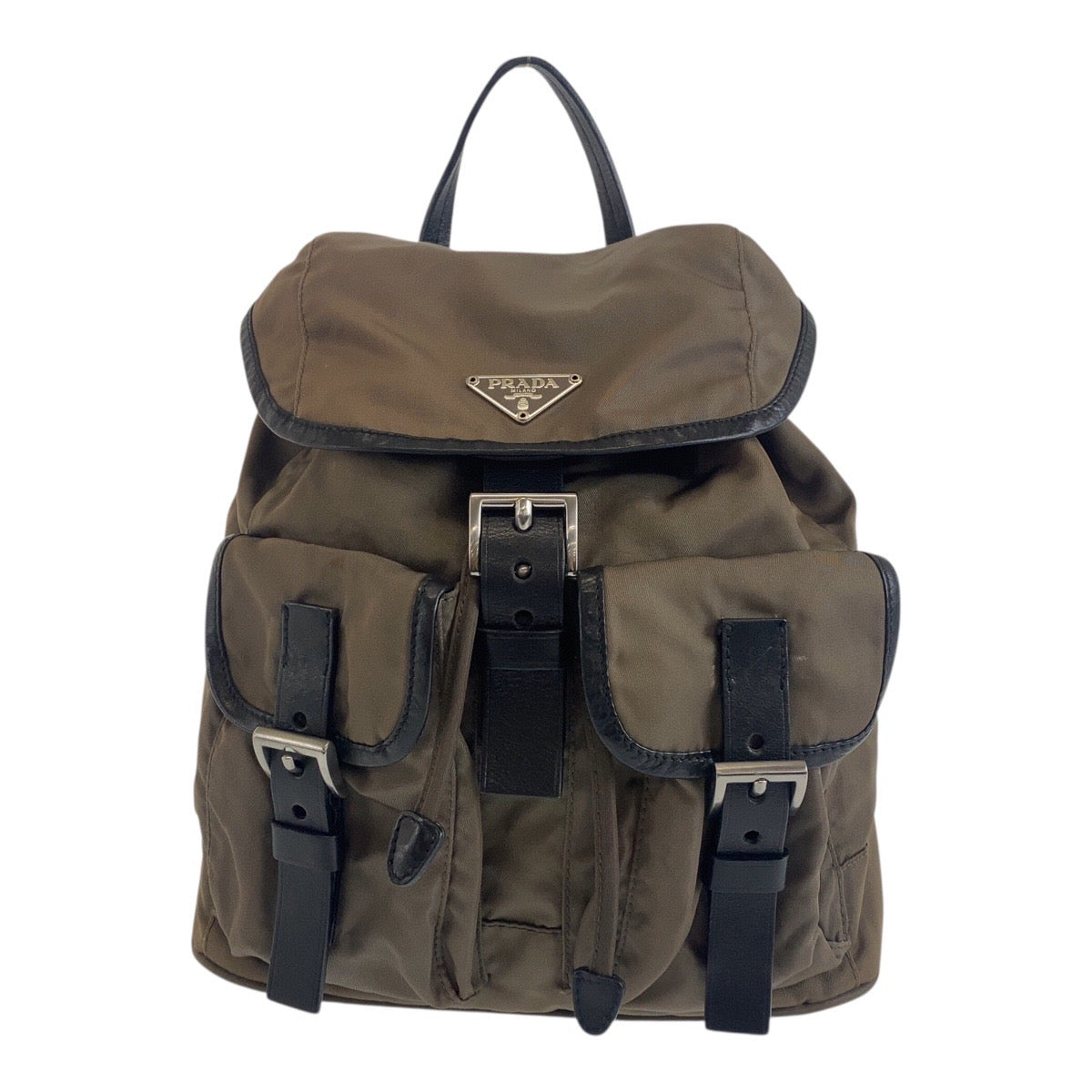 Prada Backpack Bz0001 Nylon Khaki Gray Black Silver Metal Test Triangle With Logo Rovelle Bags