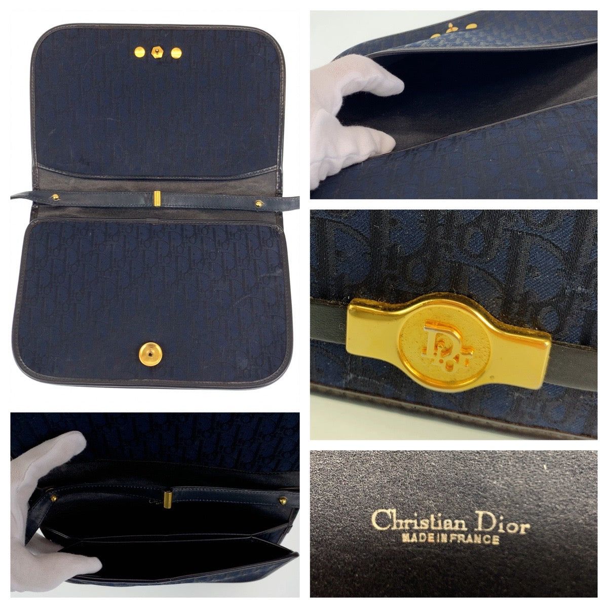 Dior Shoulder Bag canvas Navy Gold Metal Trotter Rovelle Bags