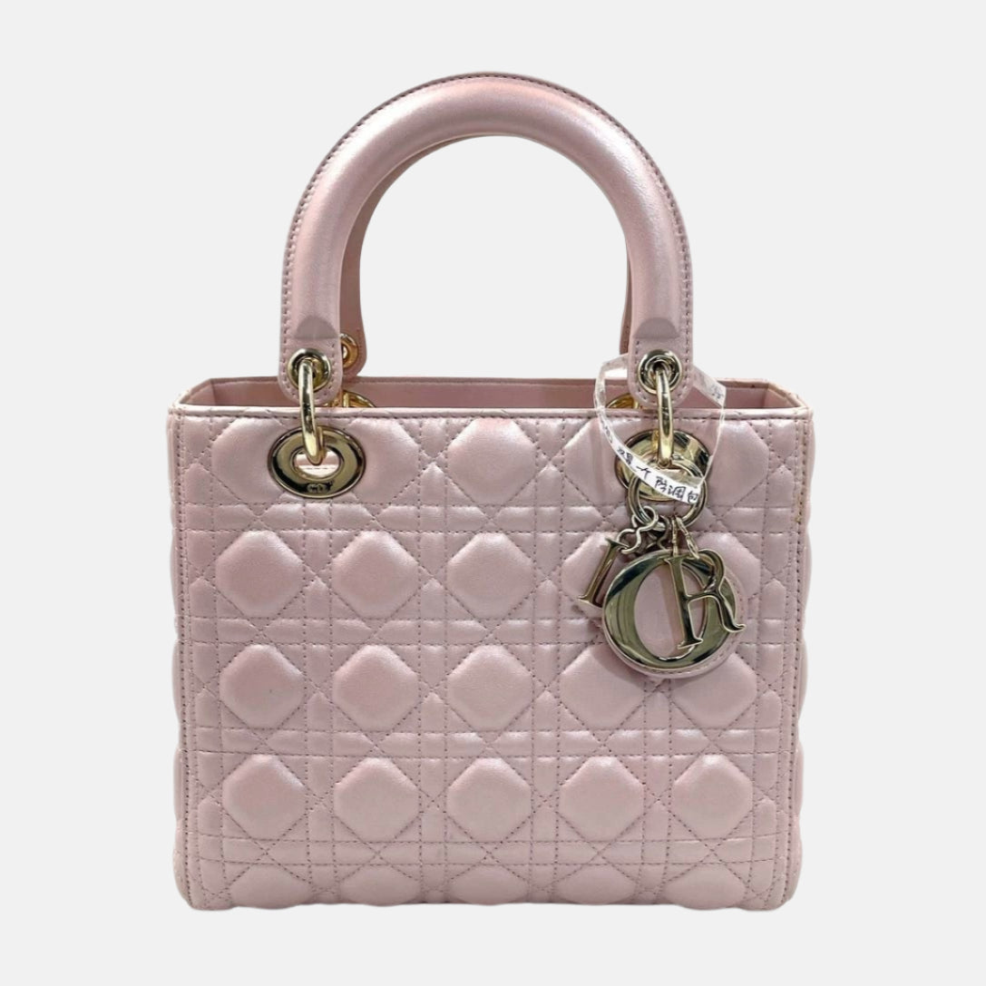 Lady Dior Medium Handbag Pearlescent Pink Cannage Leather Gold Hardware Rovelle Bags