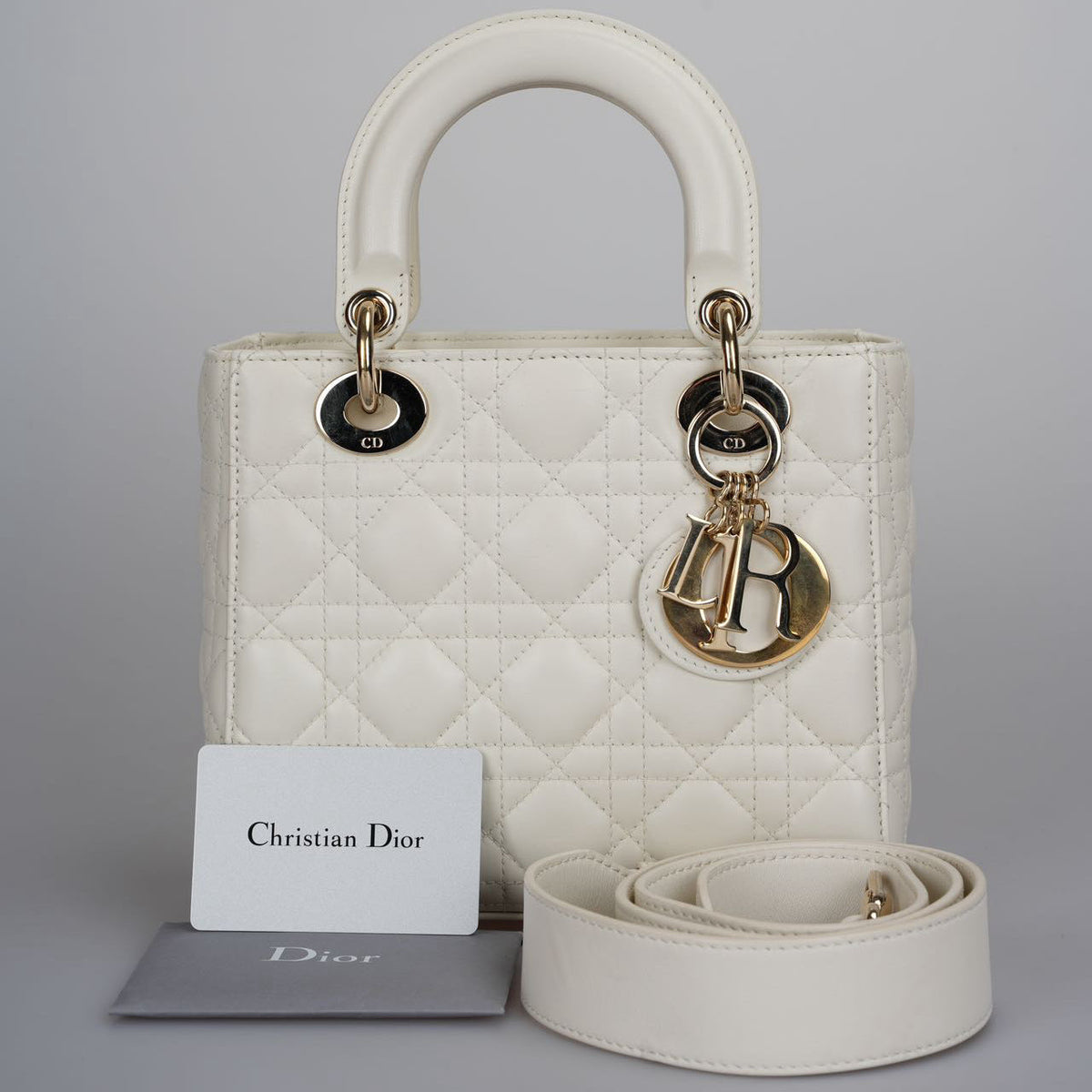 Christian Dior Small Lady Dior Bag In White Cannage Lambskin Leather With Gold Hardware Rovelle Bags