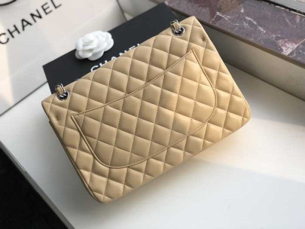 Chanel Classic Double Flap 30 Shoulder Bag Beige Silver Hardware