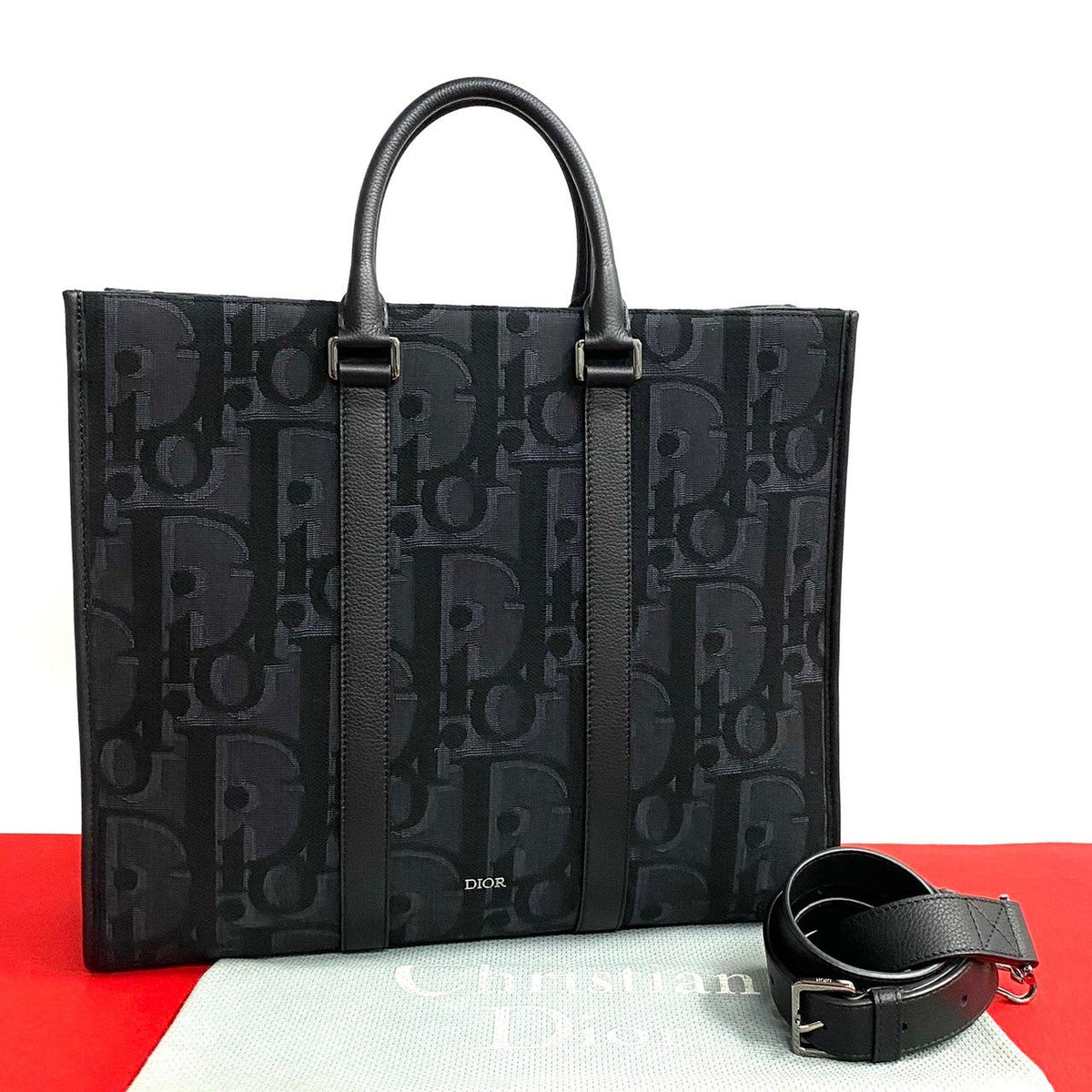 Dior Tote Bag Leather, Canvas black Trotter Pattern East West mens Rovelle Bags