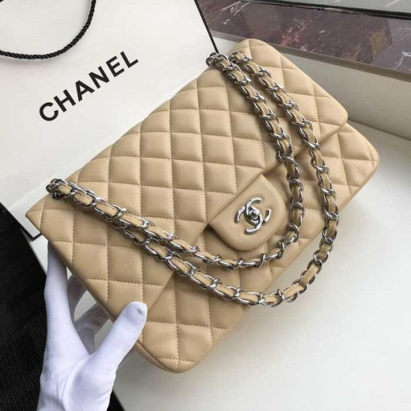Chanel Classic Double Flap 30 Shoulder Bag Beige Silver Hardware