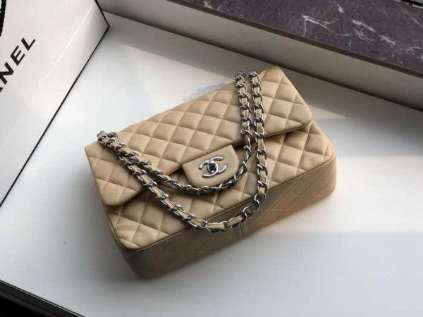 Chanel Classic Double Flap 30 Shoulder Bag Beige Silver Hardware