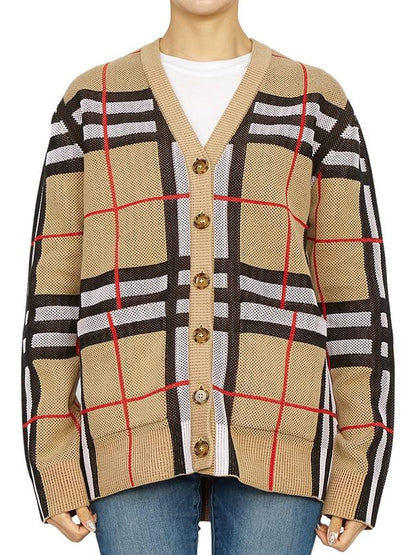 Luxury Burberry V-Neck Checked Technical Cotton Cardigan Archive Beige