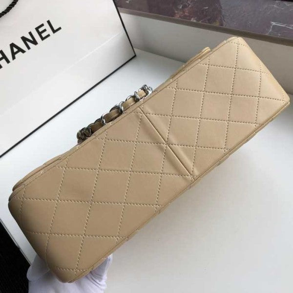 Chanel Classic Double Flap 30 Shoulder Bag Beige Silver Hardware