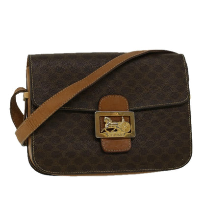 Luxury CELINE Macadam Canvas Horse Carriage Shoulder Bag PVC Leather Brown 56467