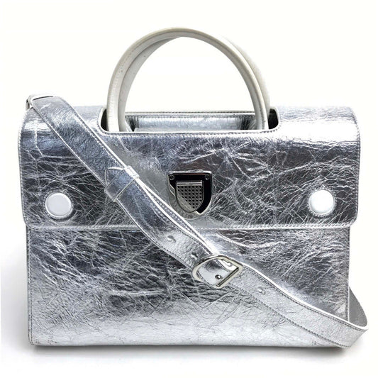 Christian Dior Handbag leather Metallic Silver DIOREVER Women Rovelle Bags