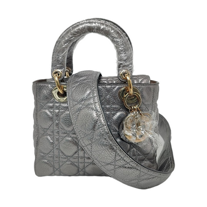 Lady Dior Small Supple Calfskin Leather Metallic Grey Cannage Handbag with Strap Rovelle Bags