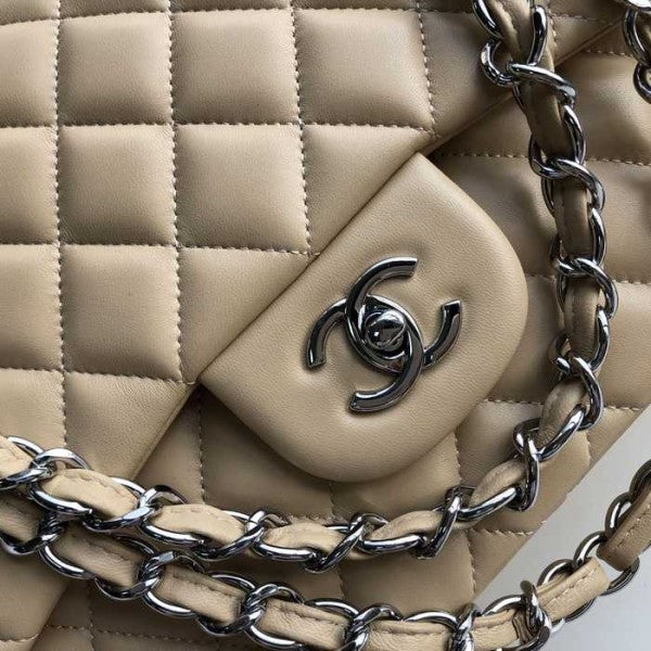 Chanel Classic Double Flap 30 Shoulder Bag Beige Silver Hardware