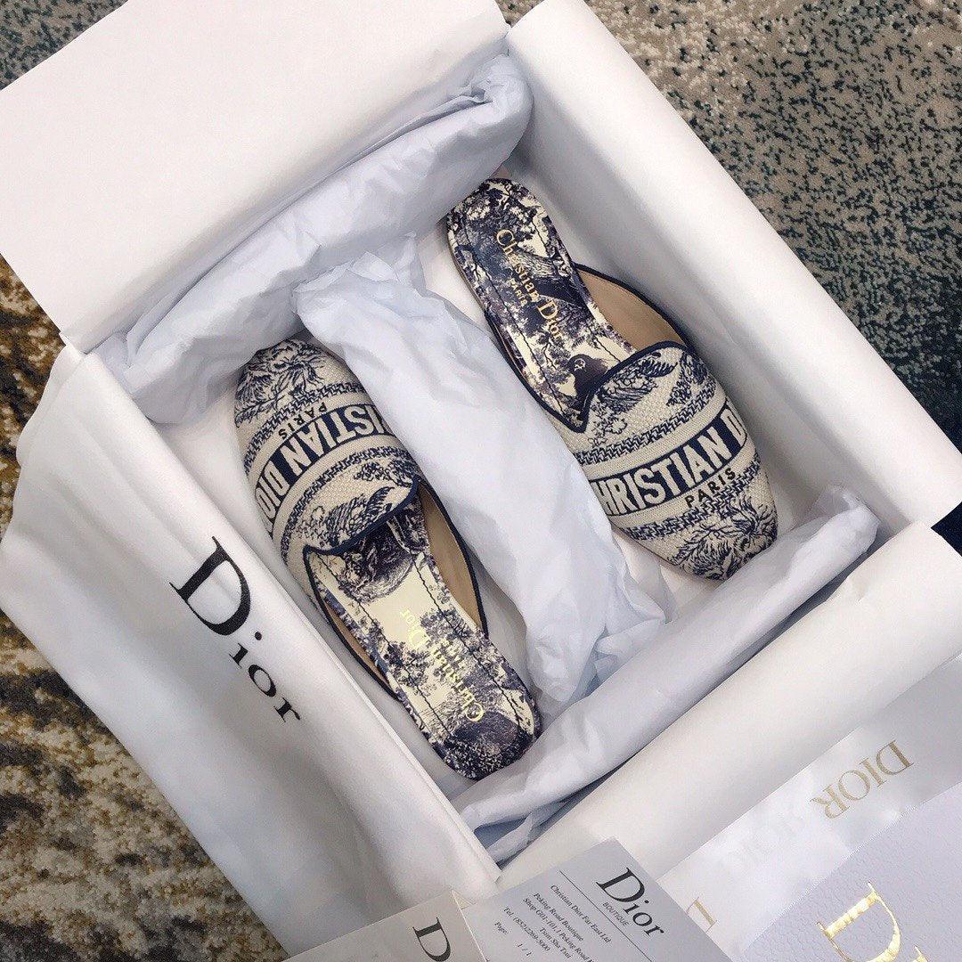 Dior Off Embroidered Cotton Flat Mules With Toile de Jouy Motif