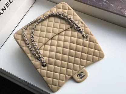Chanel Classic Double Flap 30 Shoulder Bag Beige Silver Hardware
