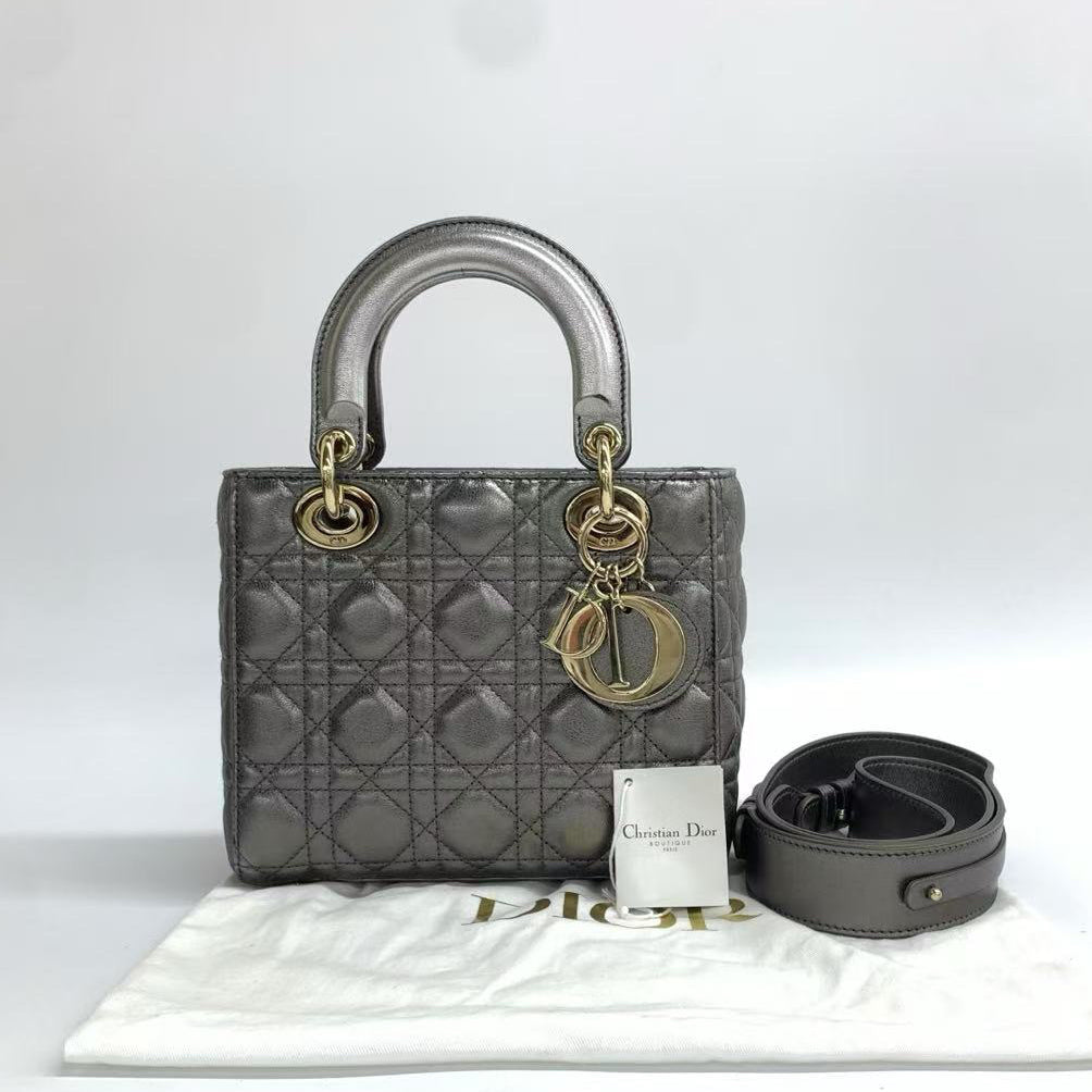 Lady Dior Small ABCdior Metallic Grey Cannage Lambskin Handbag with Strap 2019 Rovelle Bags