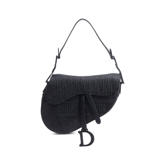 Christian 2022 Dior Black Oblique Embossed Calfskin Leather Saddle Bag Rovelle Bags